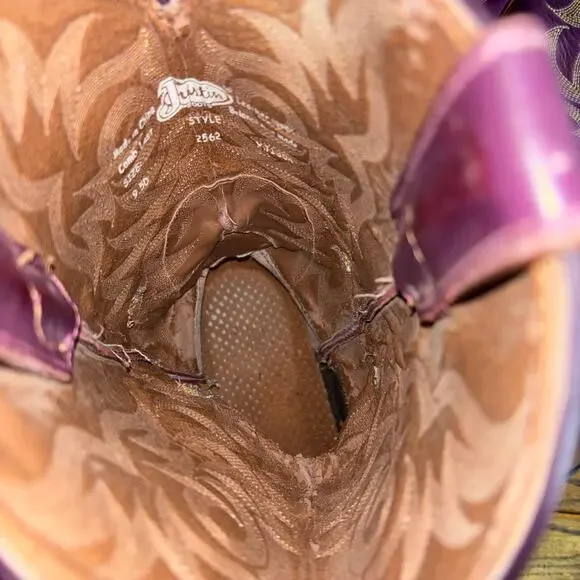 Justin Stampede Purple Shaft Western Boots 9.5D Brown Leather Cowboy Square Toe - Picture 6 of 8